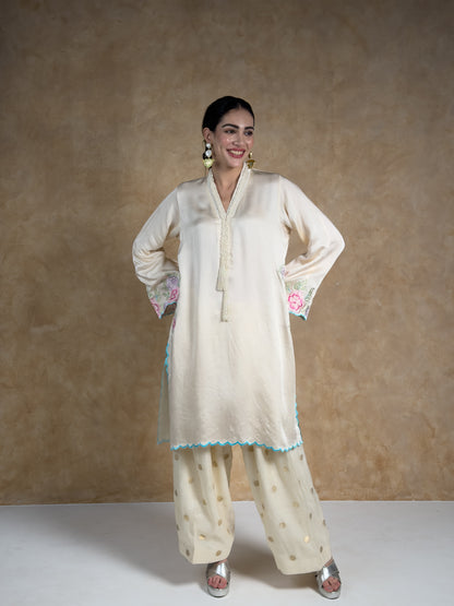Cream & Ivory Embroidered Satin Mull Pocket Kurta with Pleated Chanderi Pants