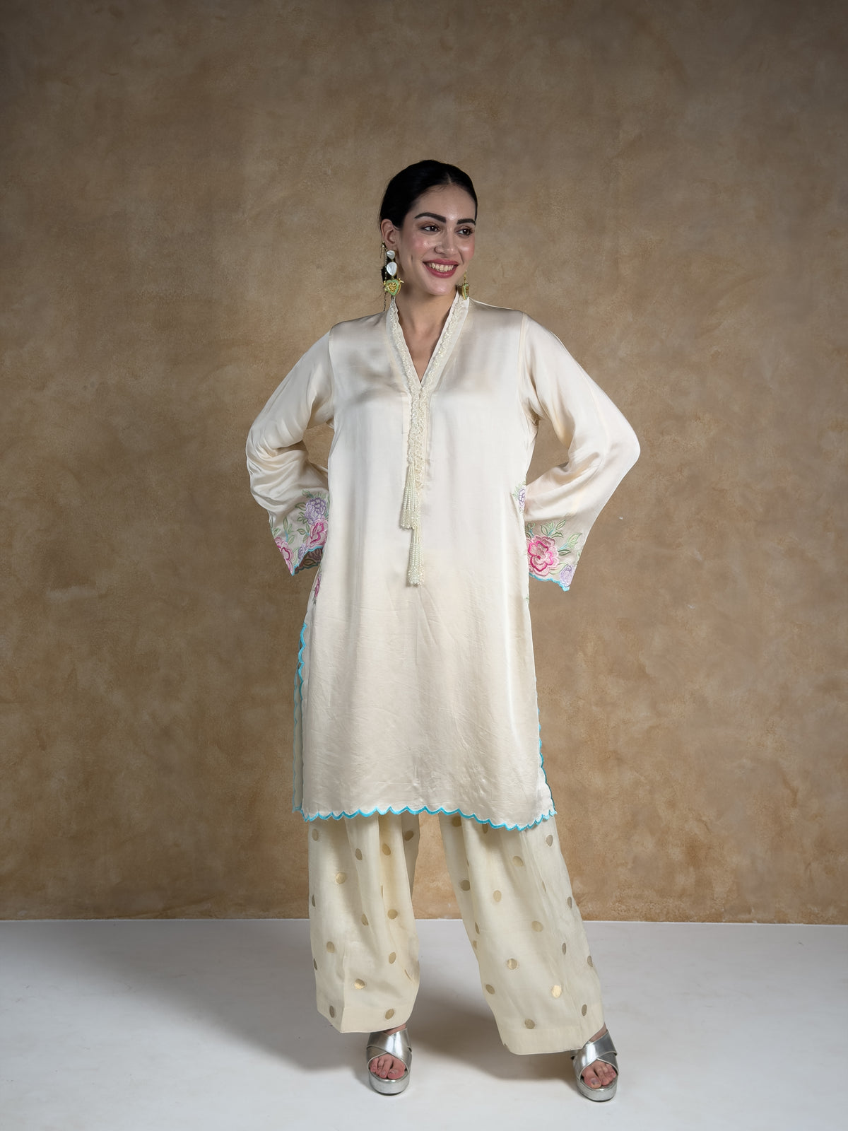 Cream & Ivory Embroidered Satin Mull Pocket Kurta with Pleated Chanderi Pants