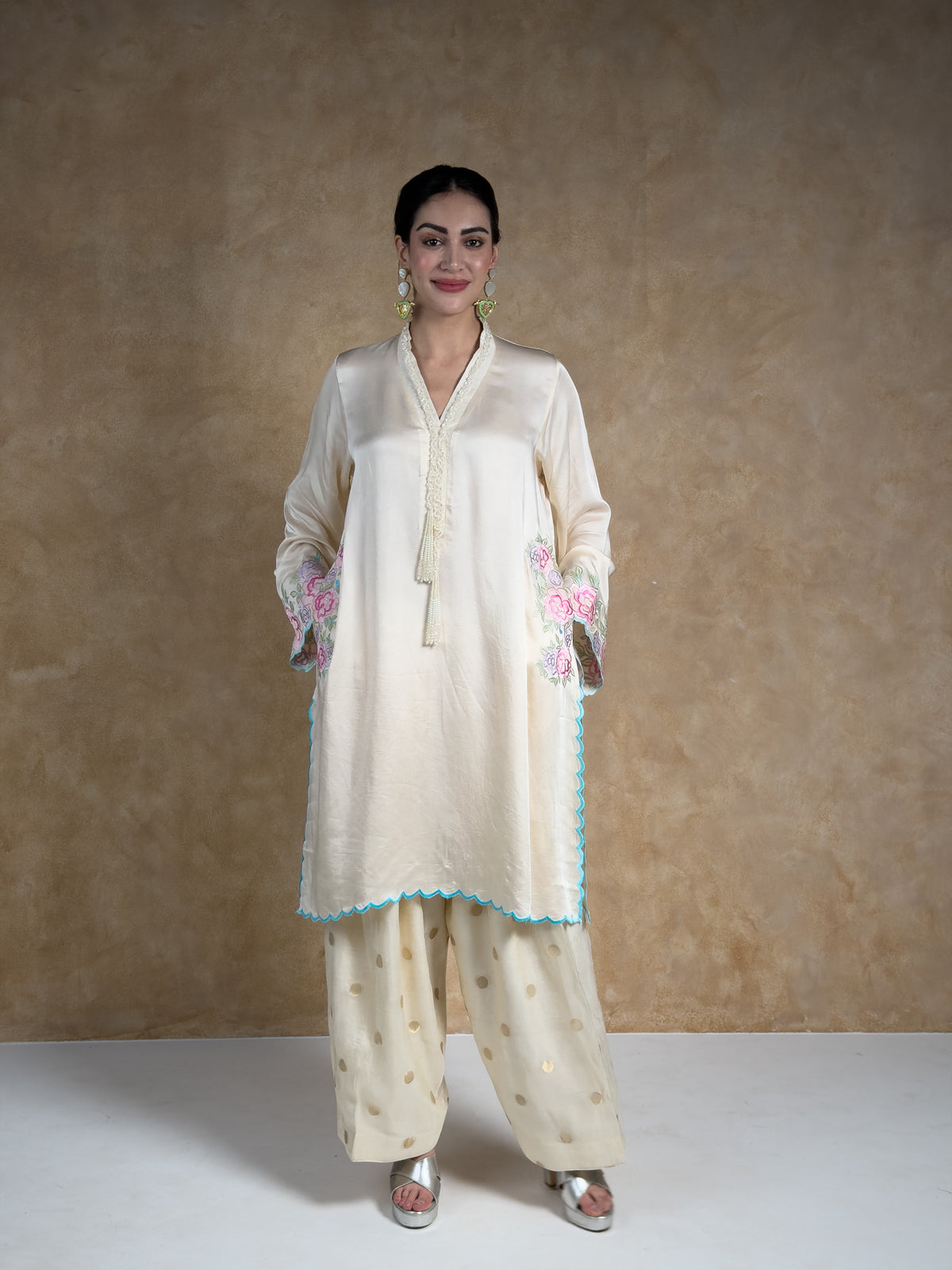 Cream & Ivory Embroidered Satin Mull Pocket Kurta with Pleated Chanderi Pants