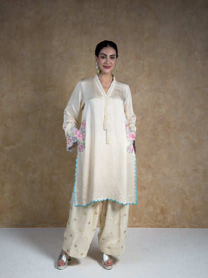 Cream & Ivory Embroidered Satin Mull Pocket Kurta with Pleated Chanderi Pants