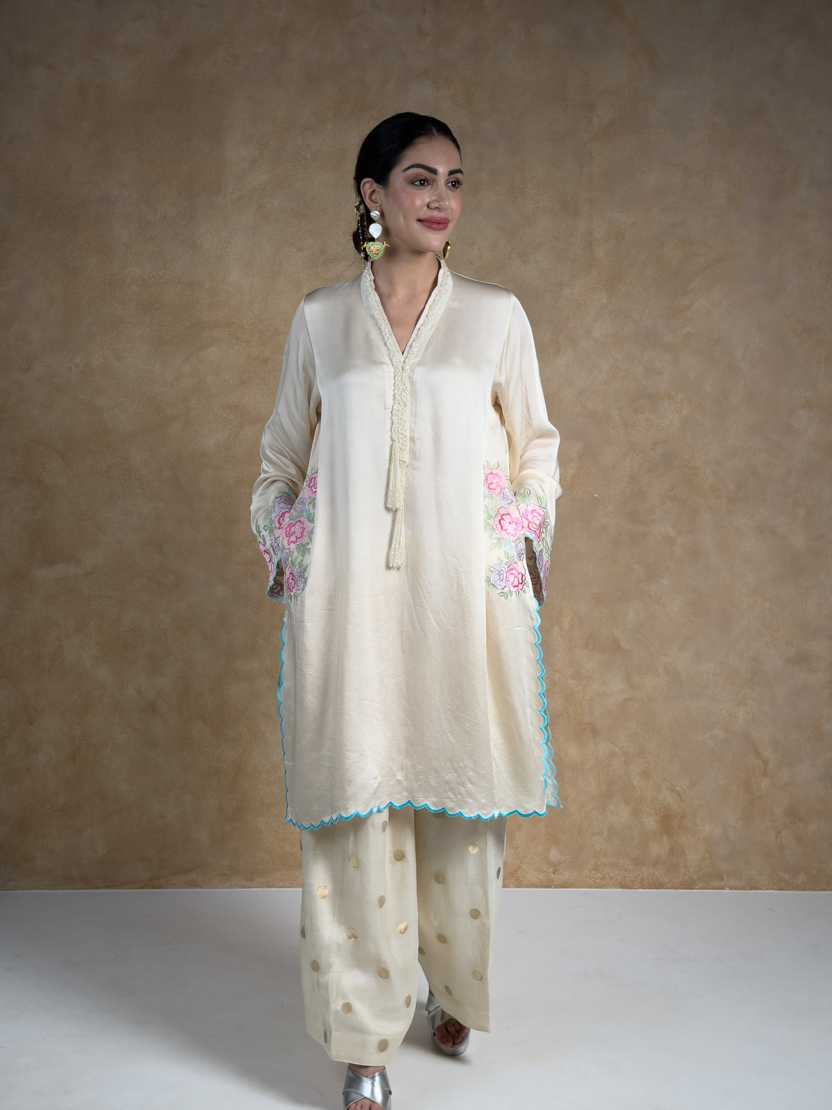 Cream & Ivory Embroidered Satin Mull Pocket Kurta with Pleated Chanderi Pants