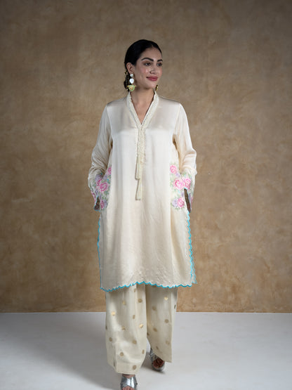 Cream & Ivory Embroidered Satin Mull Pocket Kurta with Pleated Chanderi Pants