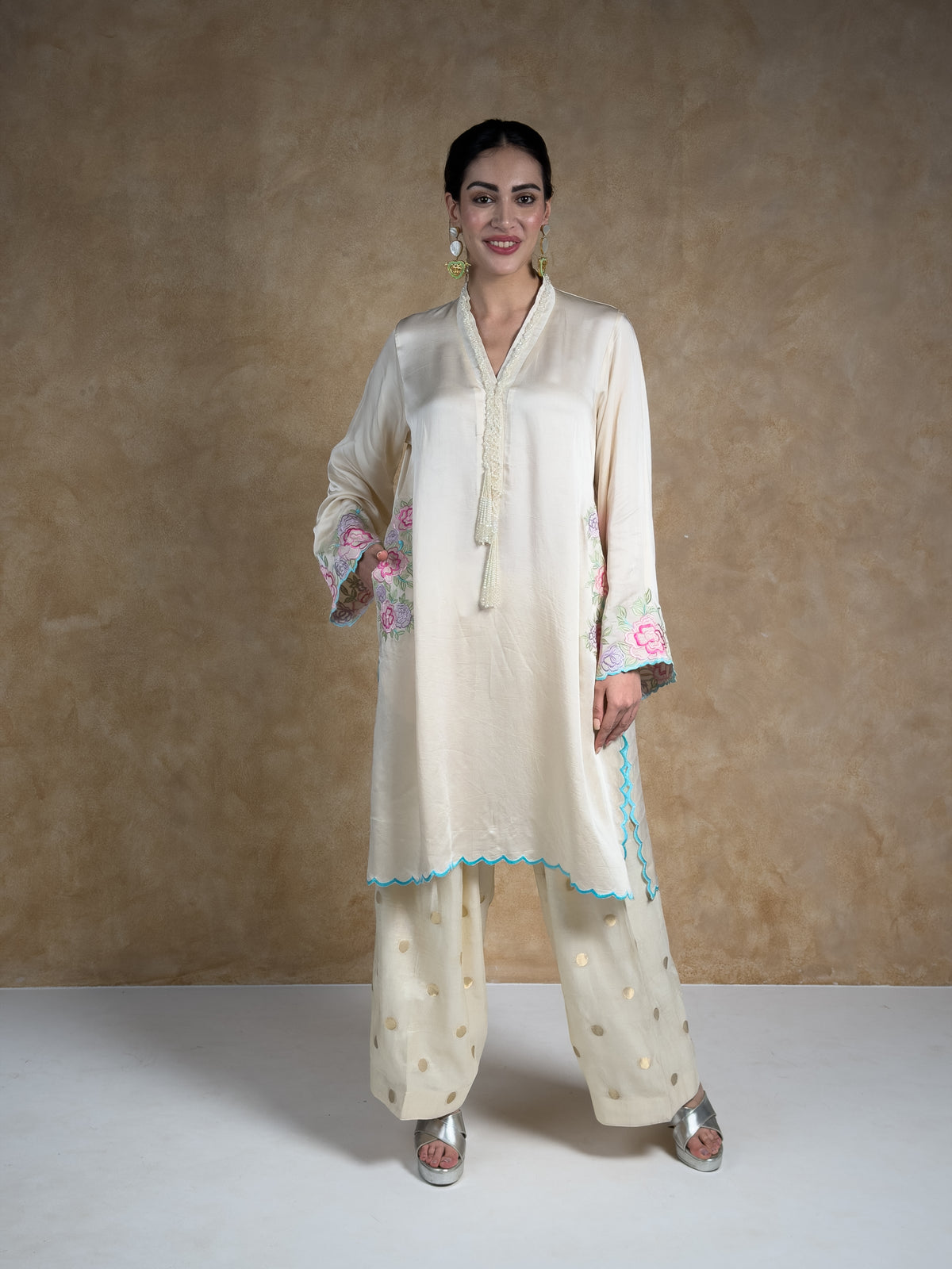 Cream & Ivory Embroidered Satin Mull Pocket Kurta with Pleated Chanderi Pants