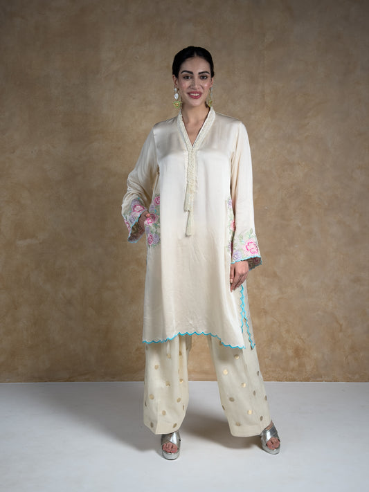 Cream & Ivory Embroidered Satin Mull Pocket Kurta with Pleated Chanderi Pants