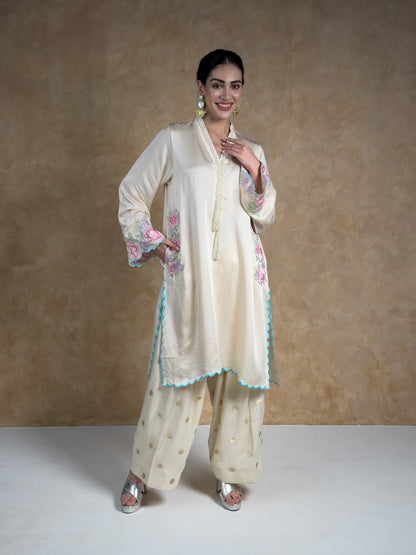 Cream & Ivory Embroidered Satin Mull Pocket Kurta with Pleated Chanderi Pants