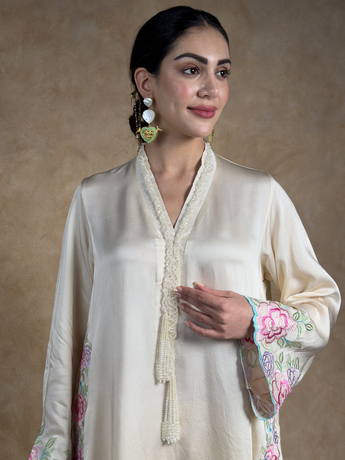 Cream & Ivory Embroidered Satin Mull Pocket Kurta with Pleated Chanderi Pants