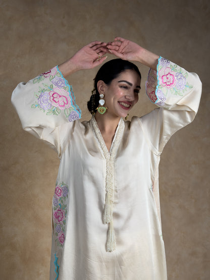 Cream & Ivory Embroidered Satin Mull Pocket Kurta with Pleated Chanderi Pants