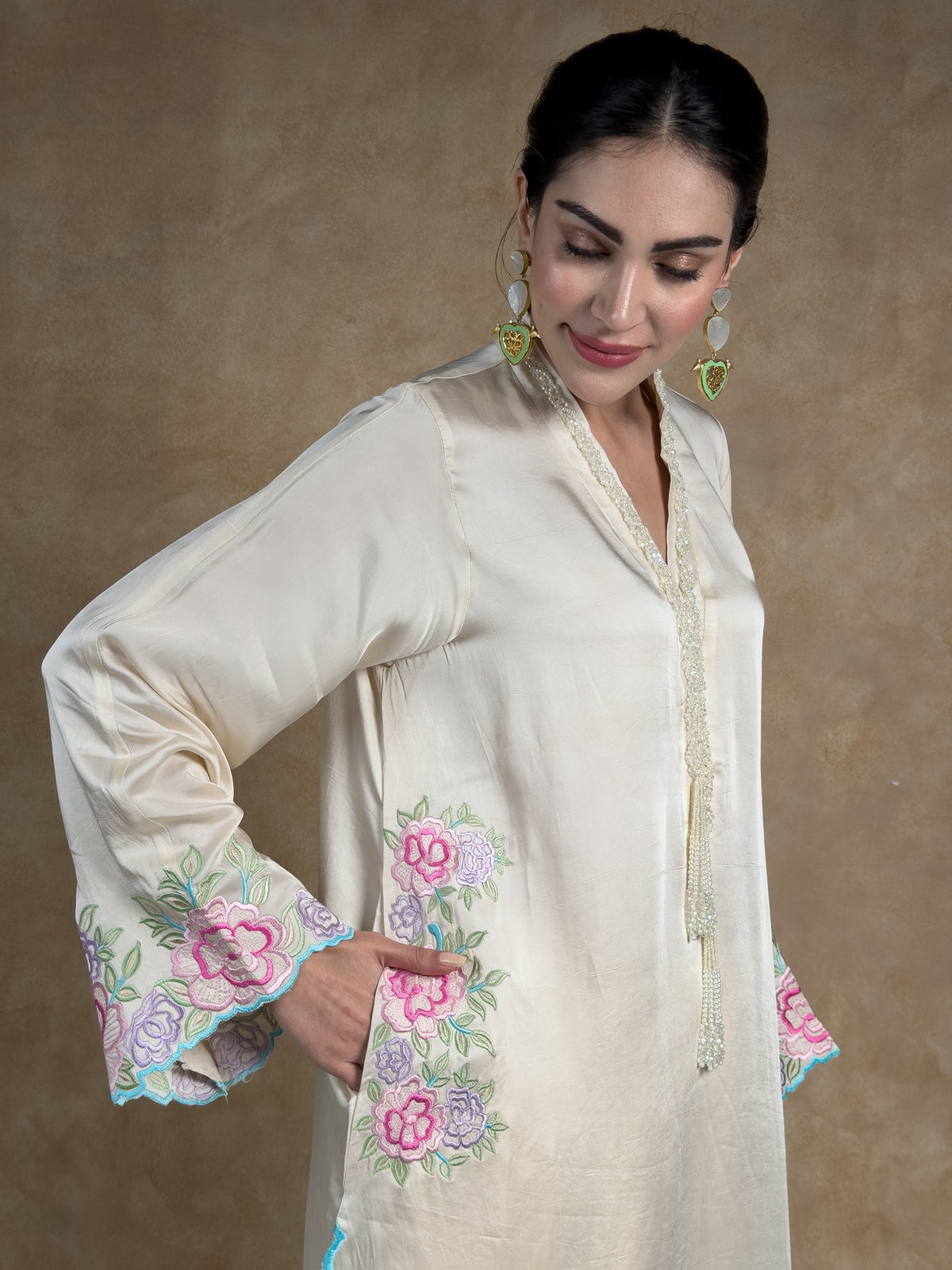 Cream & Ivory Embroidered Satin Mull Pocket Kurta with Pleated Chanderi Pants