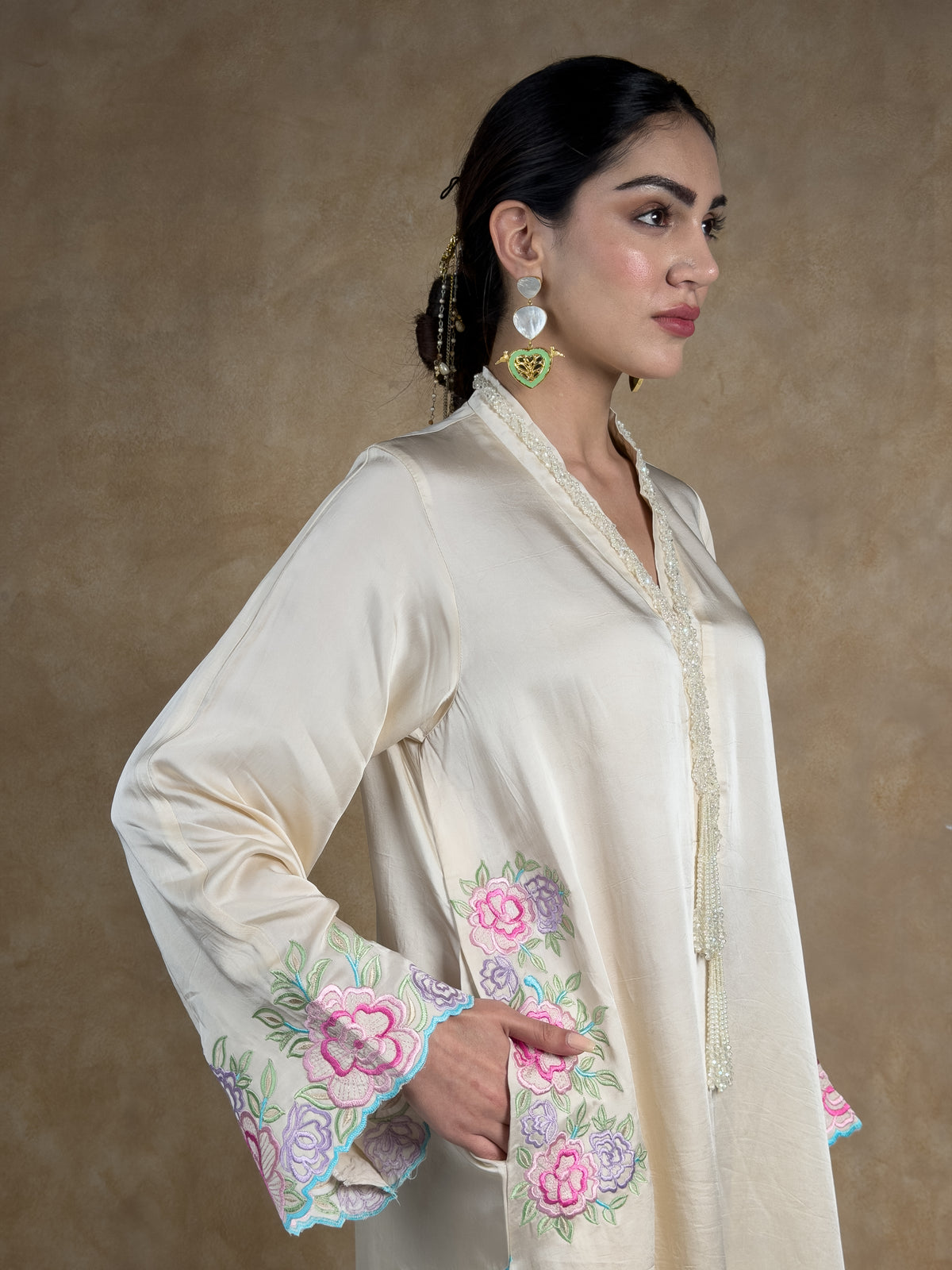 Cream & Ivory Embroidered Satin Mull Pocket Kurta with Pleated Chanderi Pants
