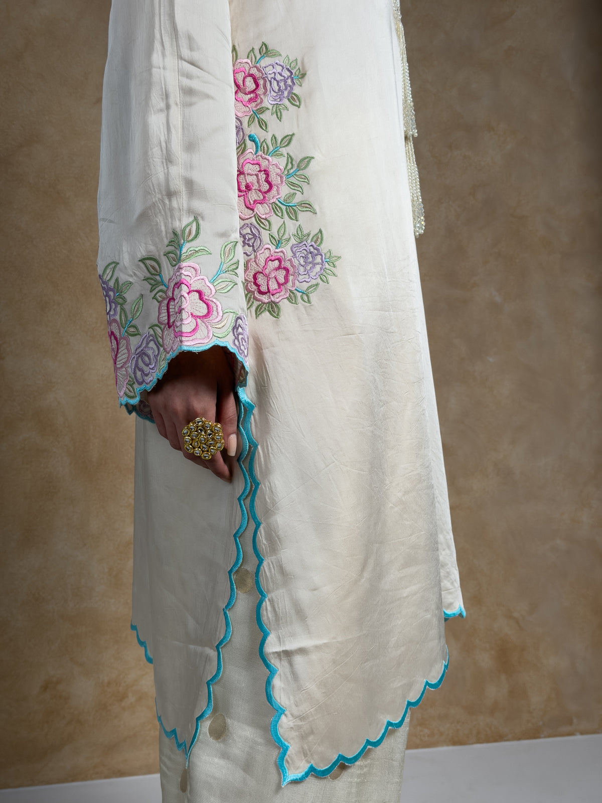 Cream & Ivory Embroidered Satin Mull Pocket Kurta with Pleated Chanderi Pants