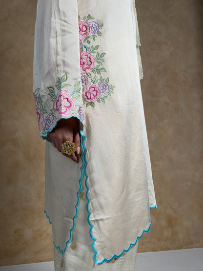 Cream & Ivory Embroidered Satin Mull Pocket Kurta with Pleated Chanderi Pants