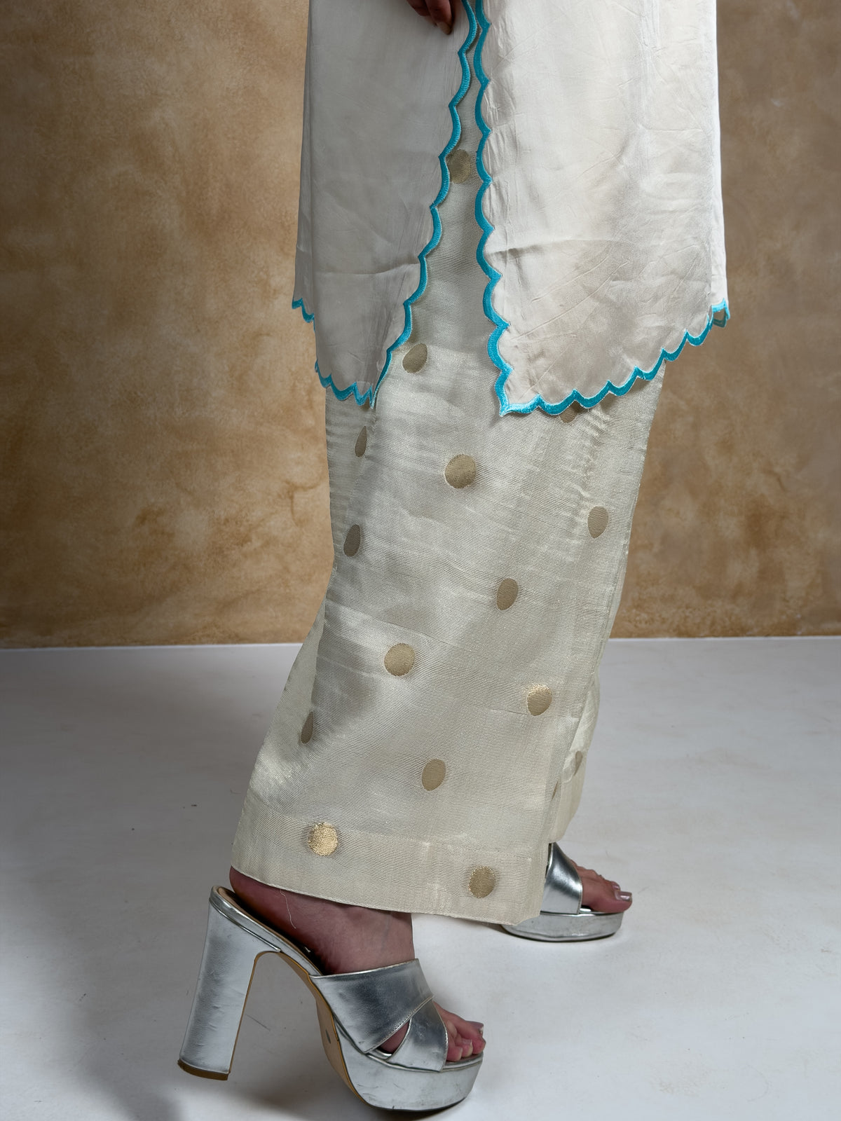 Cream & Ivory Embroidered Satin Mull Pocket Kurta with Pleated Chanderi Pants