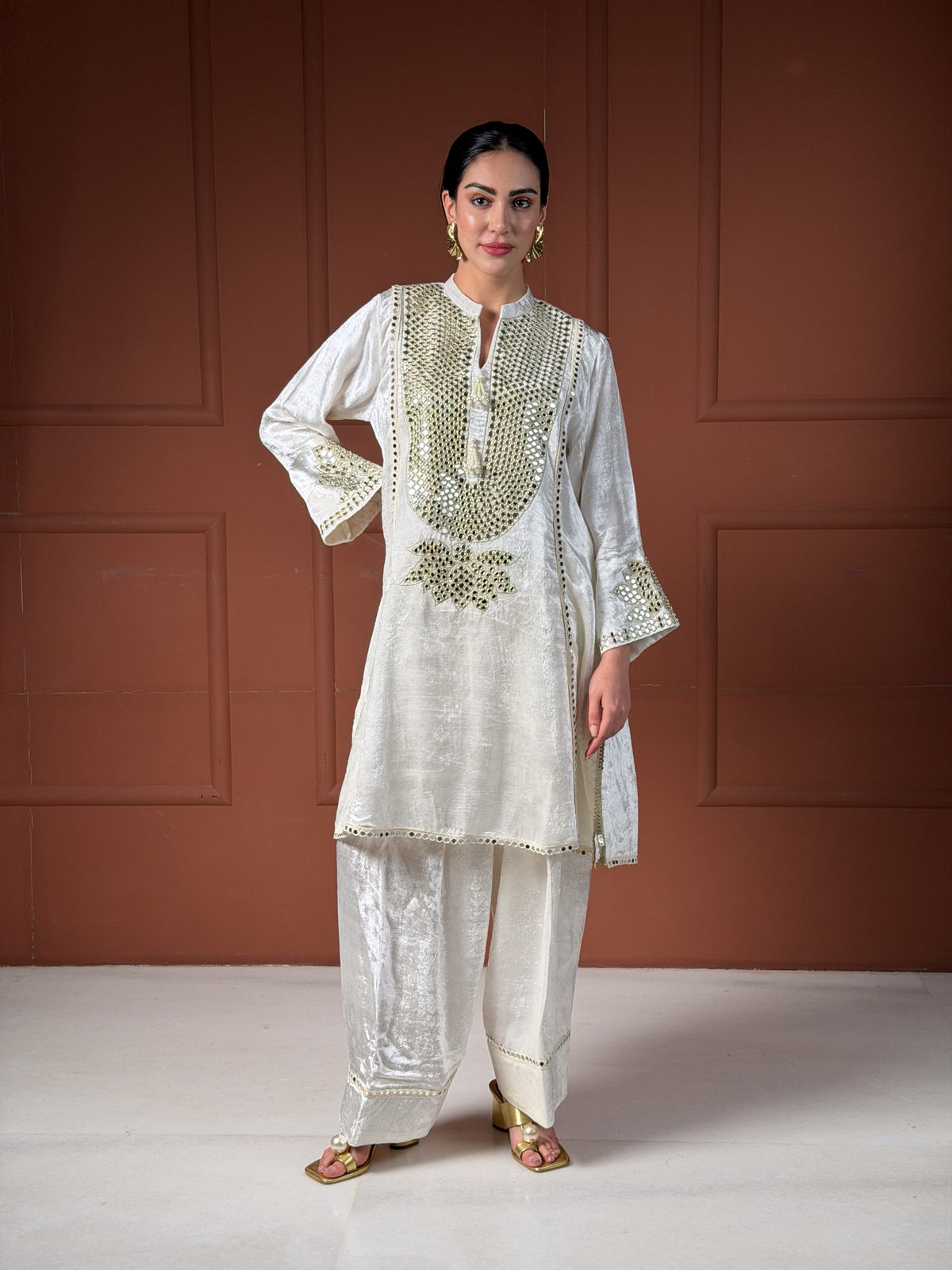 Off-White & Gold Velvet Silk Short Kalidar Kurta Set with Pleated Pants