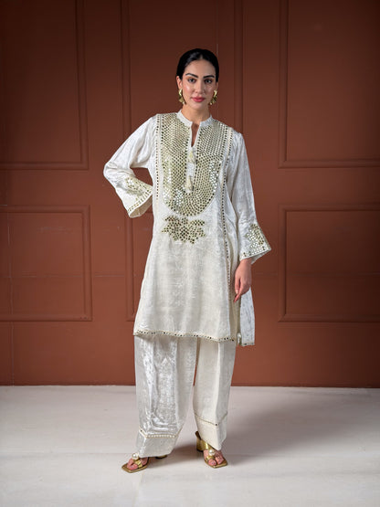 Off-White & Gold Velvet Silk Short Kalidar Kurta Set with Pleated Pants