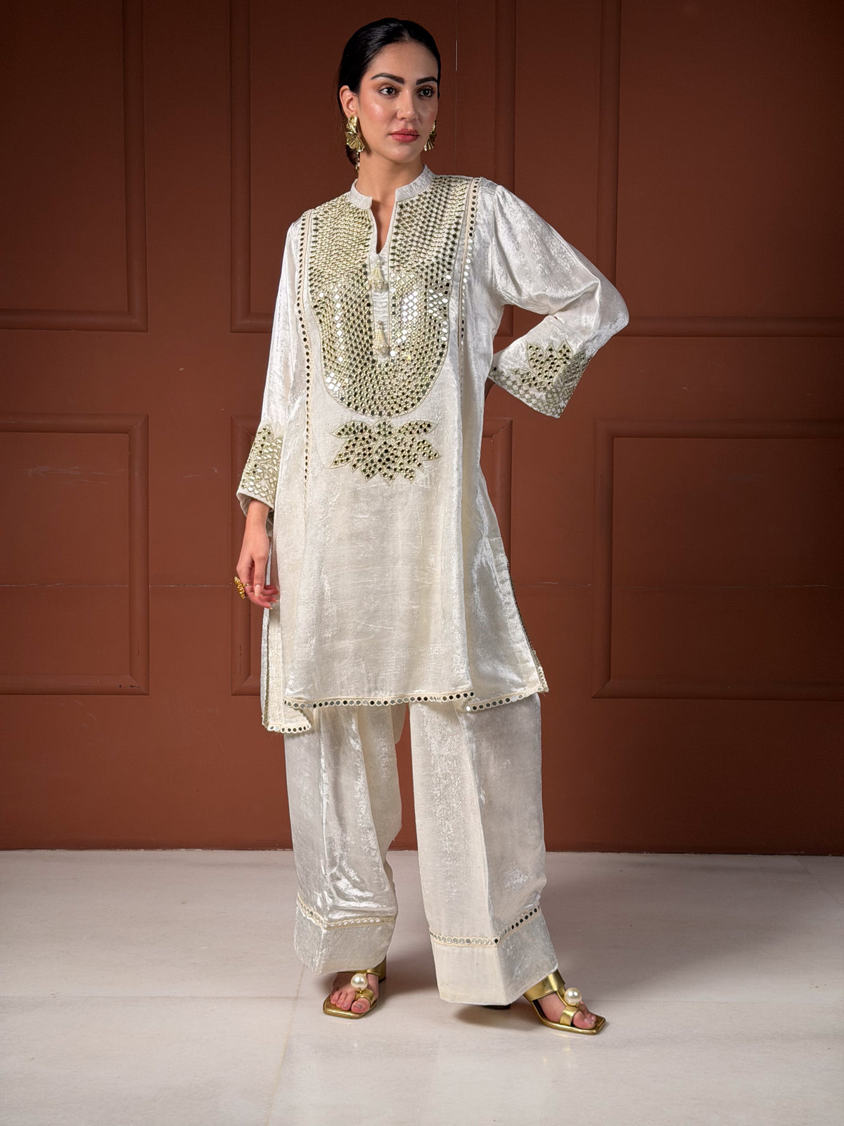Off-White & Gold Velvet Silk Short Kalidar Kurta Set with Pleated Pants