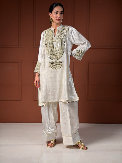 Off-White & Gold Velvet Silk Short Kalidar Kurta Set with Pleated Pants