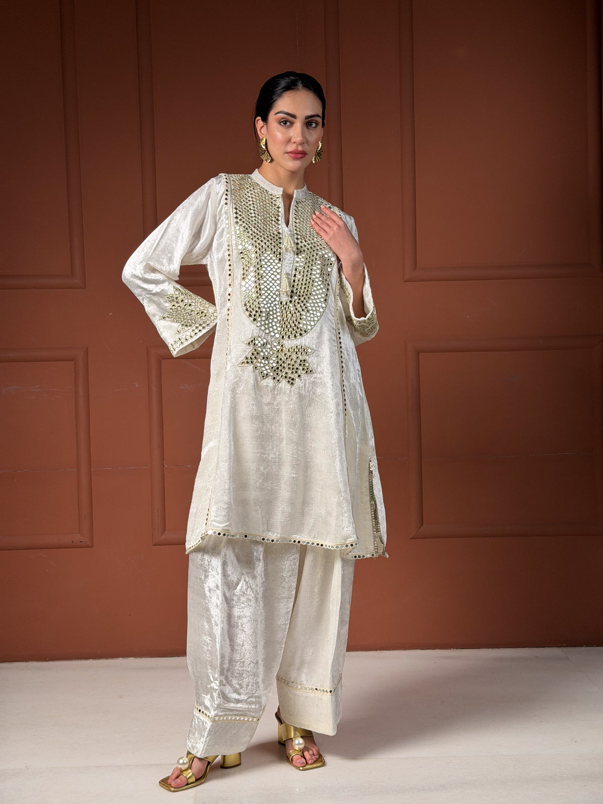 Off-White & Gold Velvet Silk Short Kalidar Kurta Set with Pleated Pants