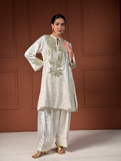 Off-White & Gold Velvet Silk Short Kalidar Kurta Set with Pleated Pants