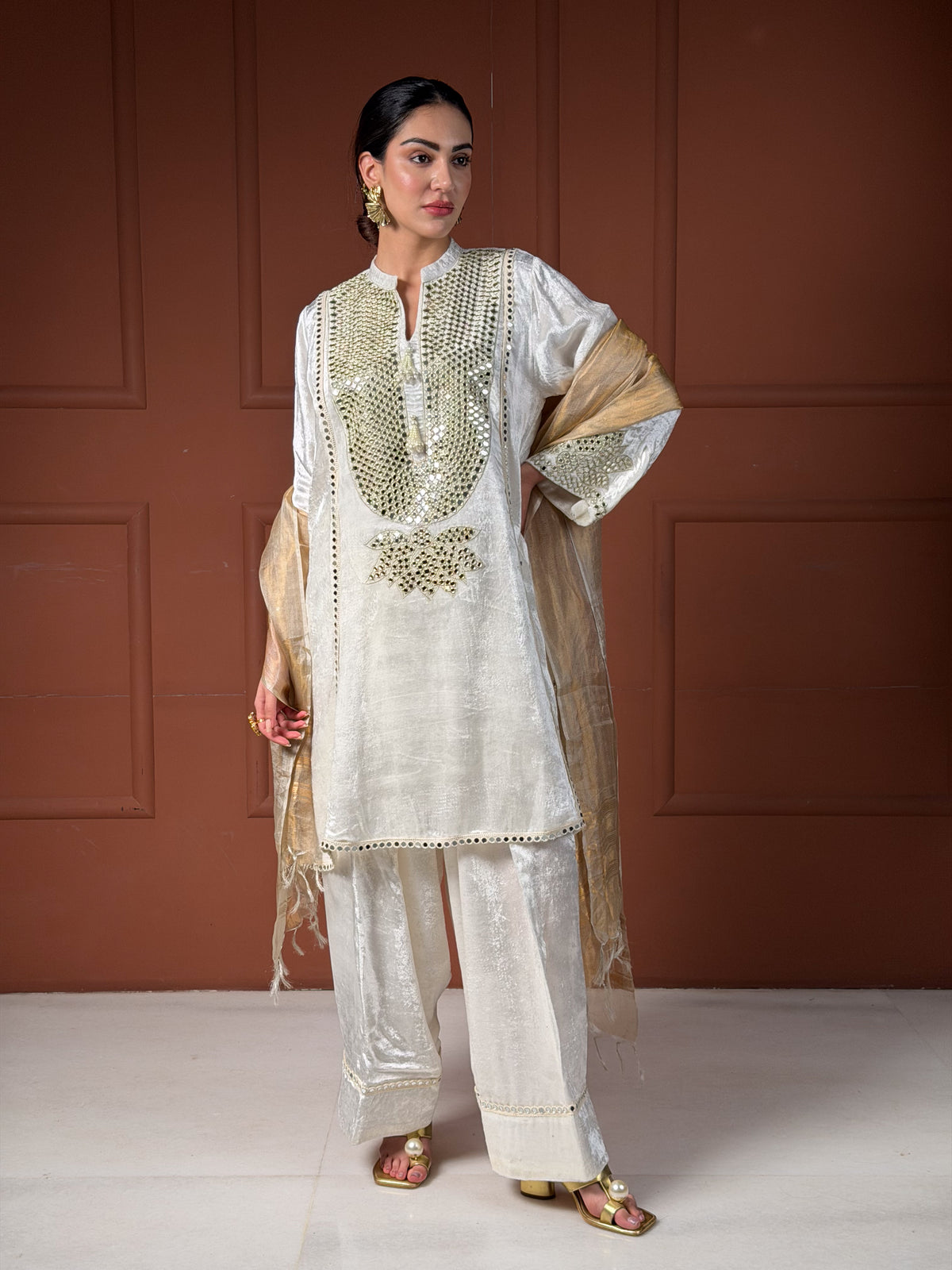 Off-White & Gold Velvet Silk Short Kalidar Kurta Set with Pleated Pants