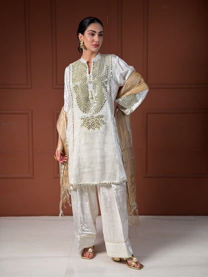 Off-White & Gold Velvet Silk Short Kalidar Kurta Set with Pleated Pants