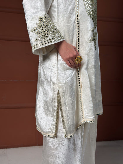 Off-White & Gold Velvet Silk Short Kalidar Kurta Set with Pleated Pants