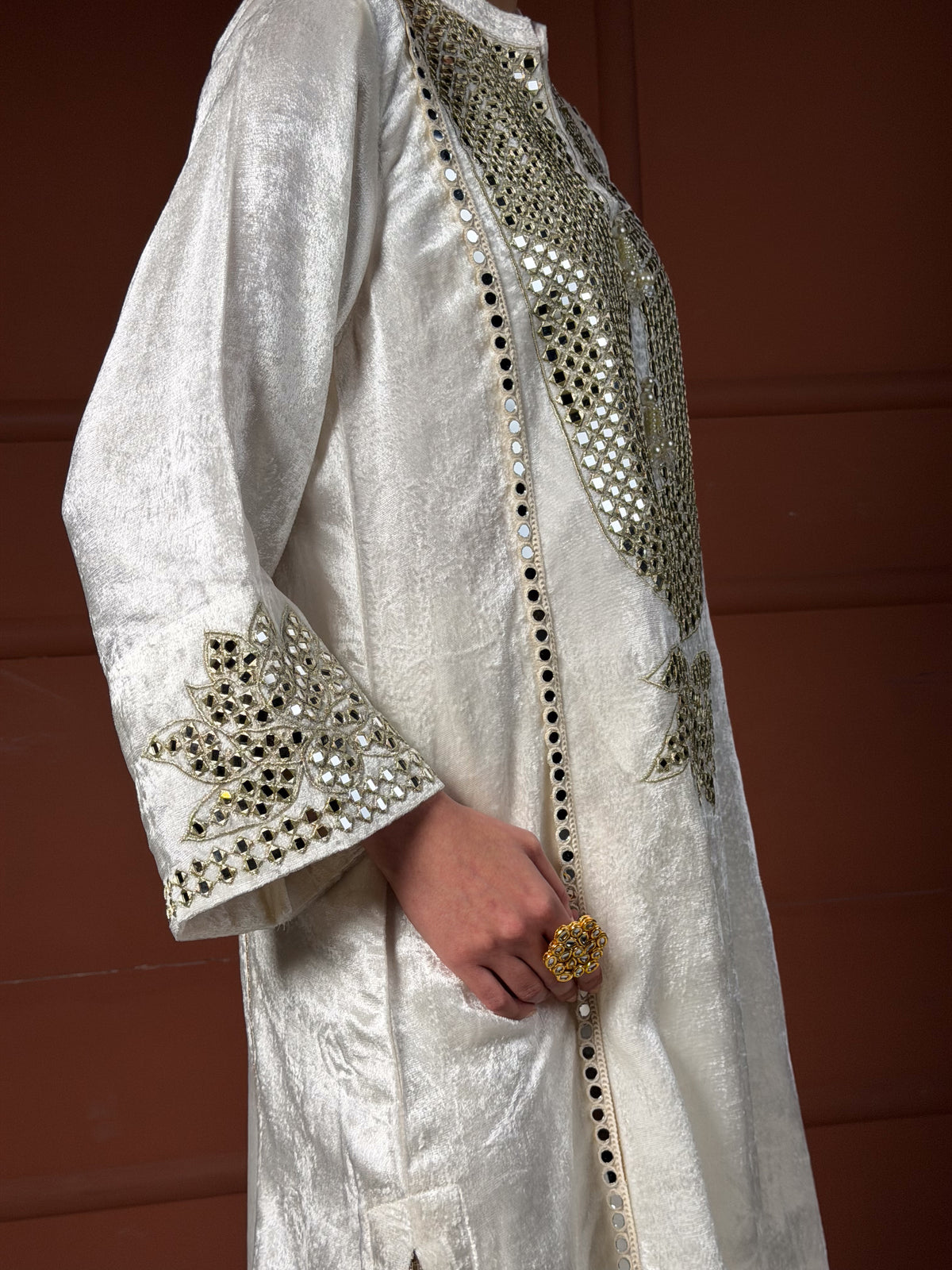 Off-White & Gold Velvet Silk Short Kalidar Kurta Set with Pleated Pants