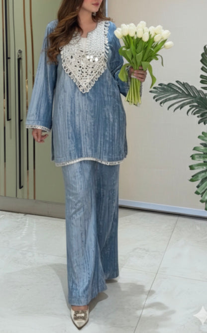 Crush velvet short kurta with bell bottom Coord set