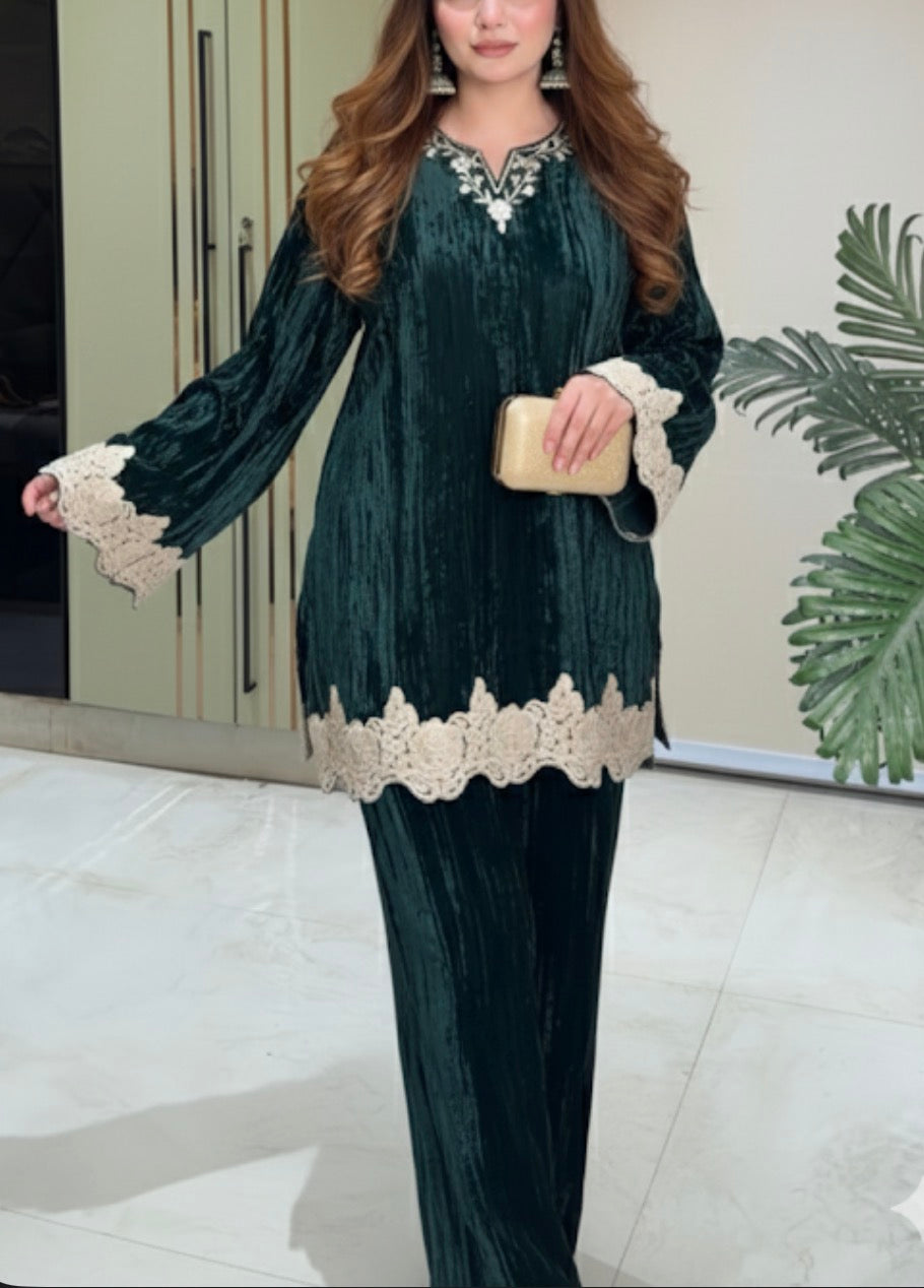 Crush velvet short kurta with bell bottom Coord set