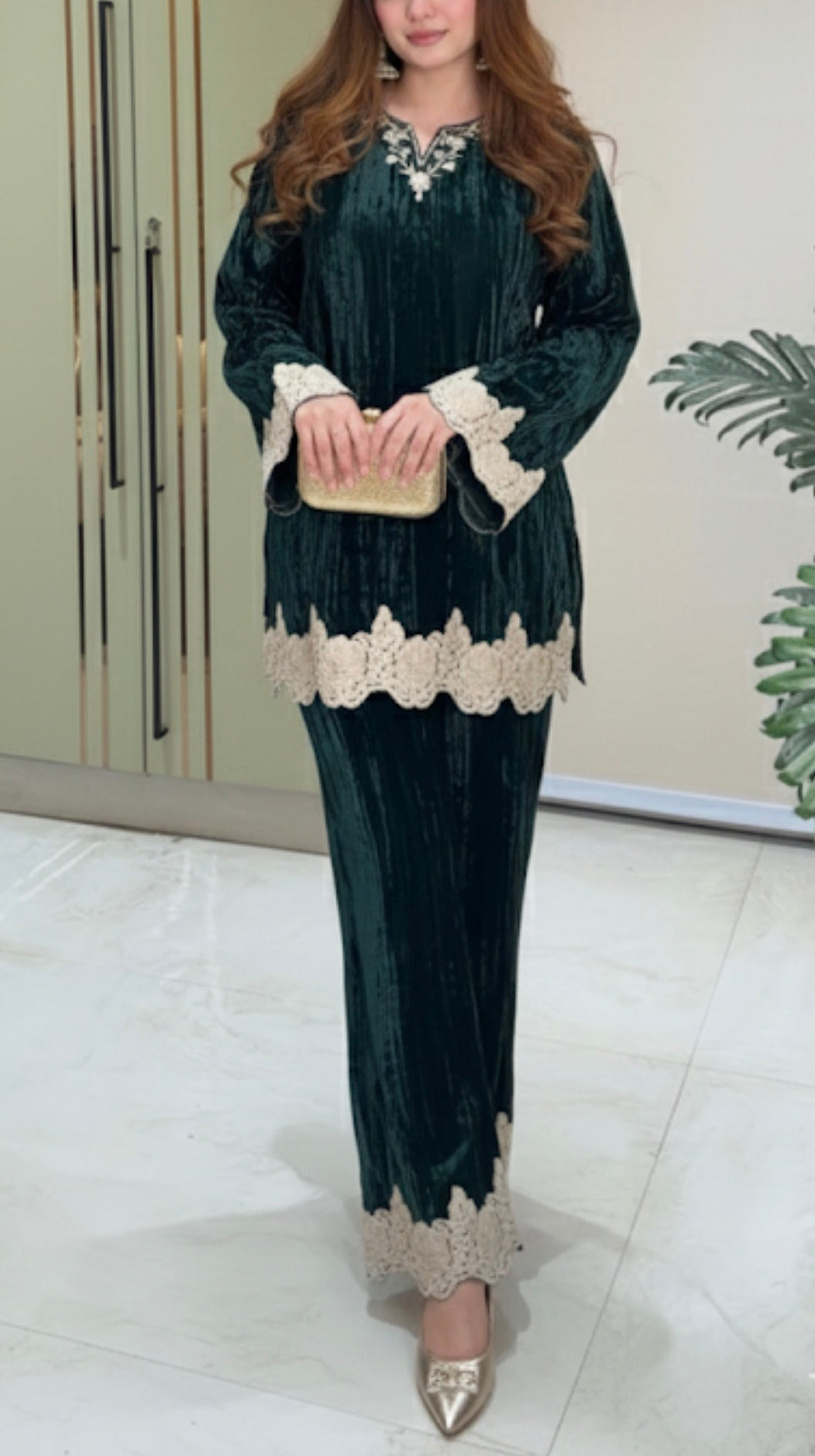 Crush velvet short kurta with bell bottom Coord set