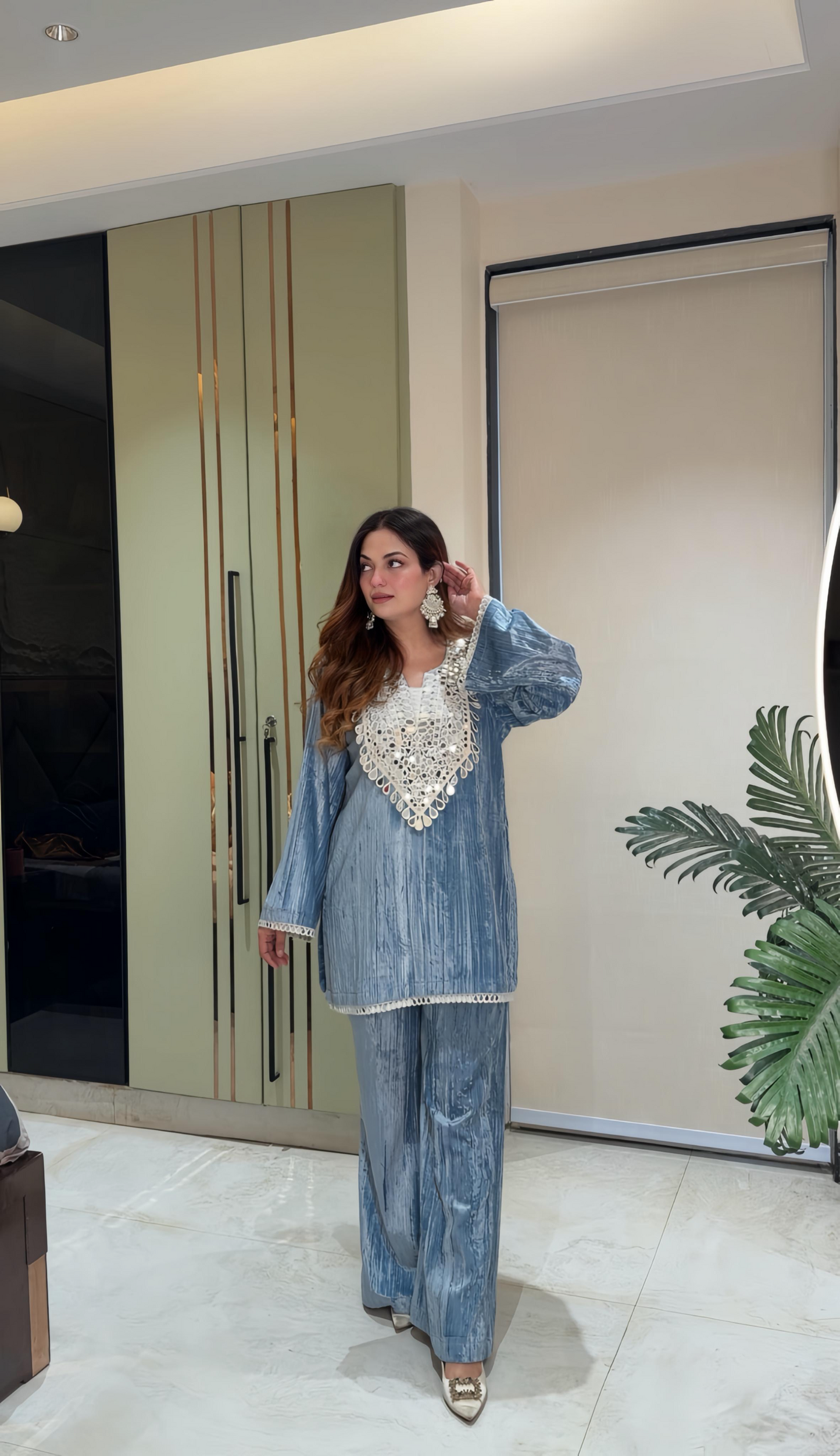 Crush velvet short kurta with bell bottom Coord set