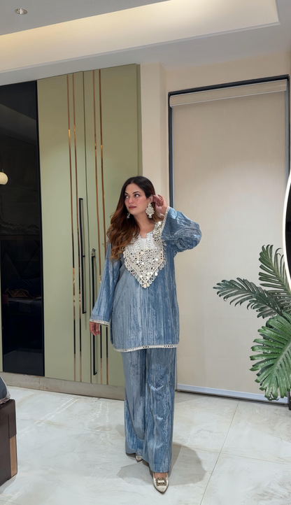 Crush velvet short kurta with bell bottom Coord set