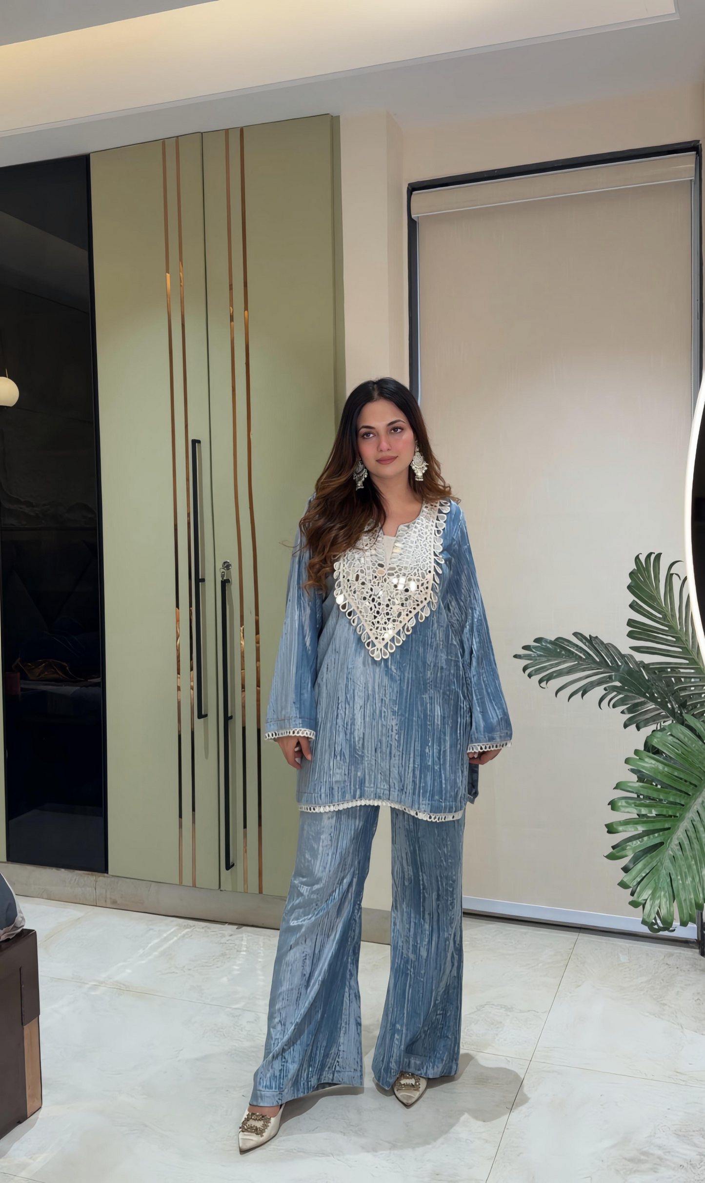 Crush velvet short kurta with bell bottom Coord set