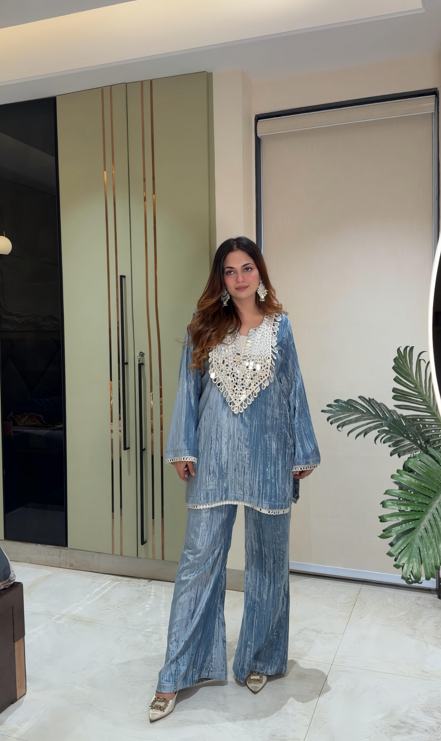 Crush velvet short kurta with bell bottom Coord set