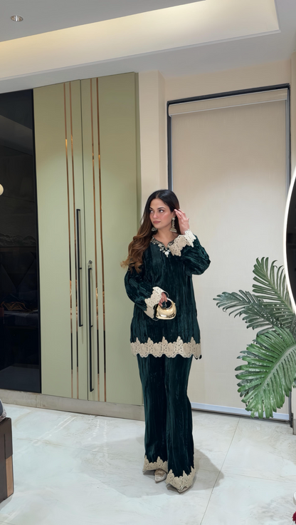 Crush velvet short kurta with bell bottom Coord set