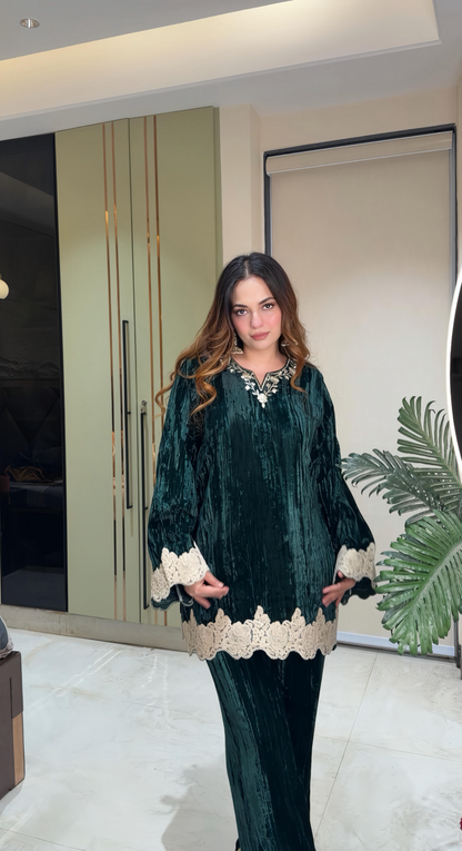 Crush velvet short kurta with bell bottom Coord set