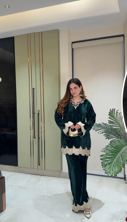 Crush velvet short kurta with bell bottom Coord set