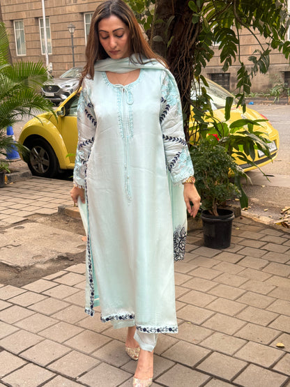 Ice Blue & Navy Blue Embroidered Satin & Organza Silk Kaftan Set with Dupatta