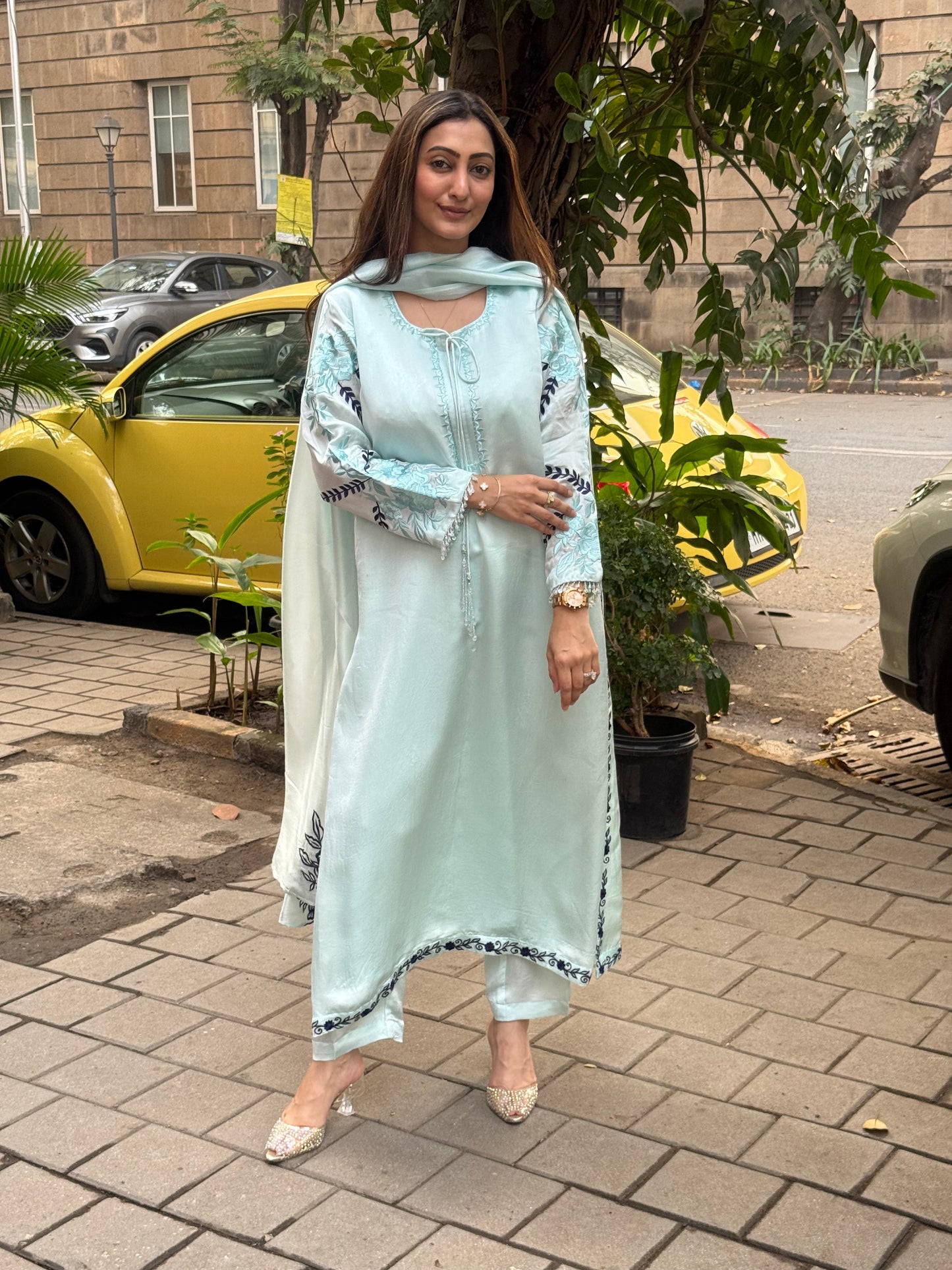 Ice Blue & Navy Blue Embroidered Satin & Organza Silk Kaftan Set with Dupatta