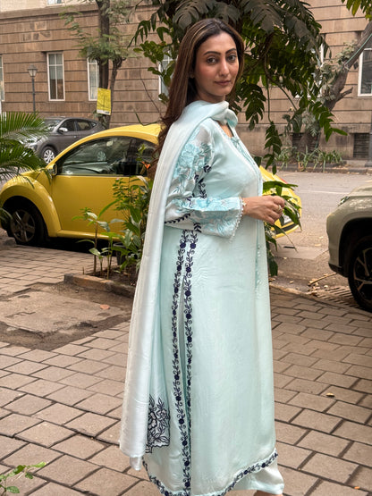 Ice Blue & Navy Blue Embroidered Satin & Organza Silk Kaftan Set with Dupatta