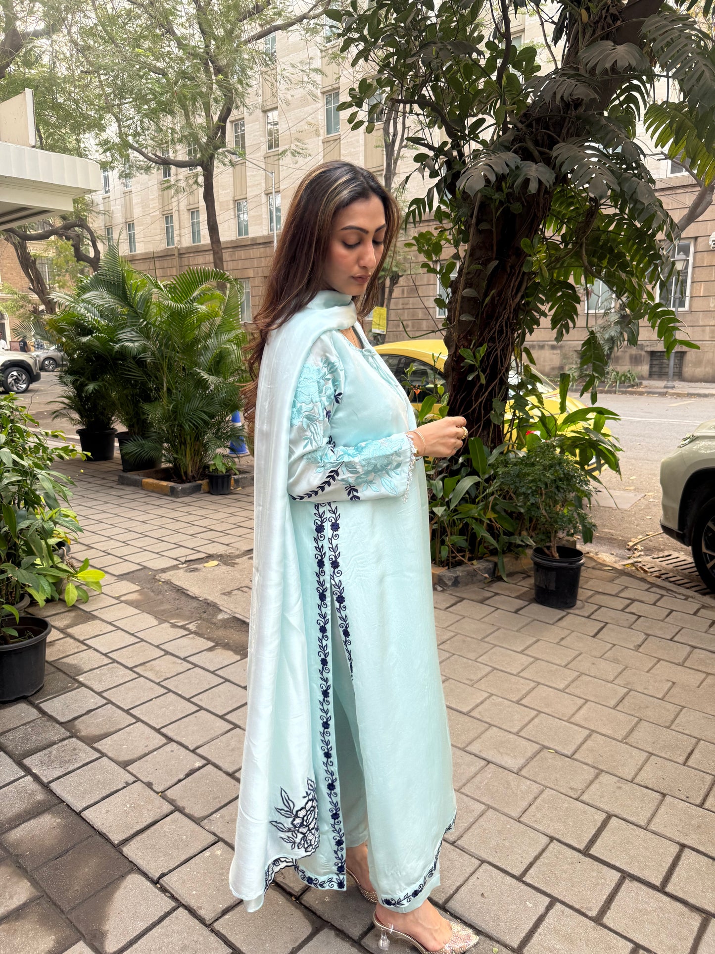 Ice Blue & Navy Blue Embroidered Satin & Organza Silk Kaftan Set with Dupatta