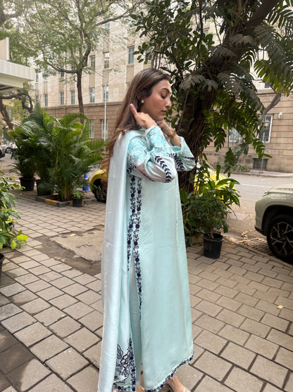 Ice Blue & Navy Blue Embroidered Satin & Organza Silk Kaftan Set with Dupatta