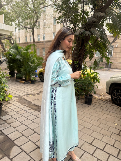 Ice Blue & Navy Blue Embroidered Satin & Organza Silk Kaftan Set with Dupatta