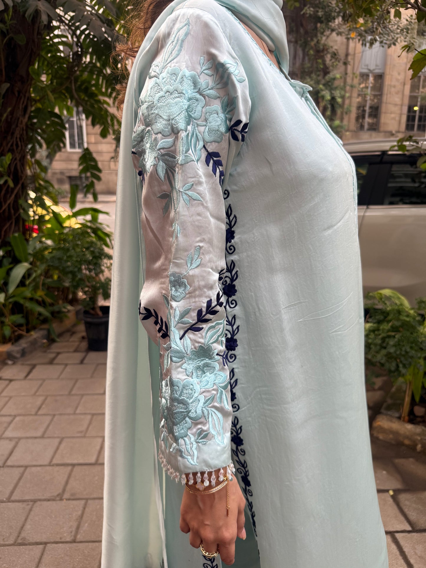 Ice Blue & Navy Blue Embroidered Satin & Organza Silk Kaftan Set with Dupatta