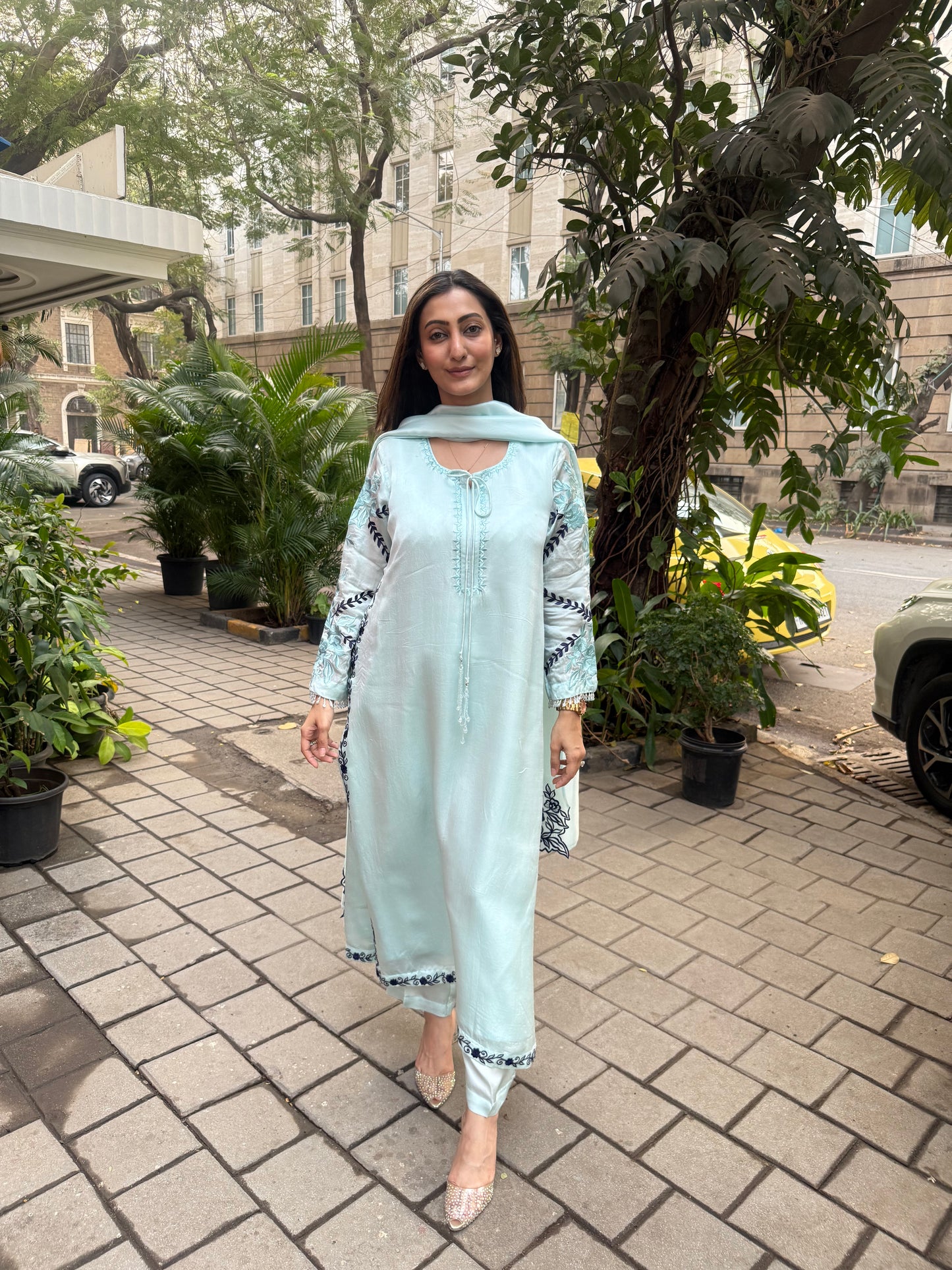 Ice Blue & Navy Blue Embroidered Satin & Organza Silk Kaftan Set with Dupatta