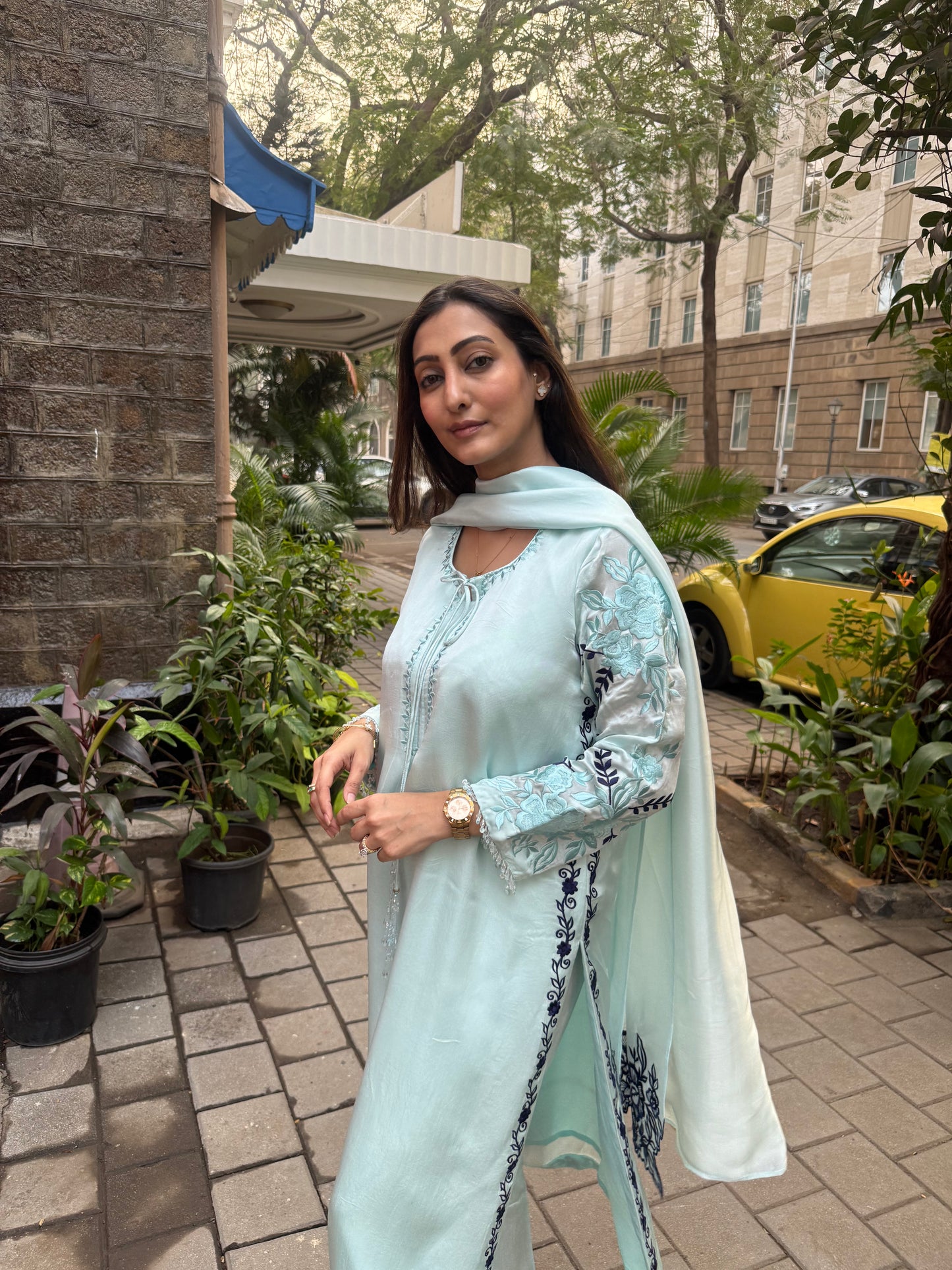 Ice Blue & Navy Blue Embroidered Satin & Organza Silk Kaftan Set with Dupatta