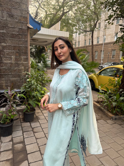 Ice Blue & Navy Blue Embroidered Satin & Organza Silk Kaftan Set with Dupatta