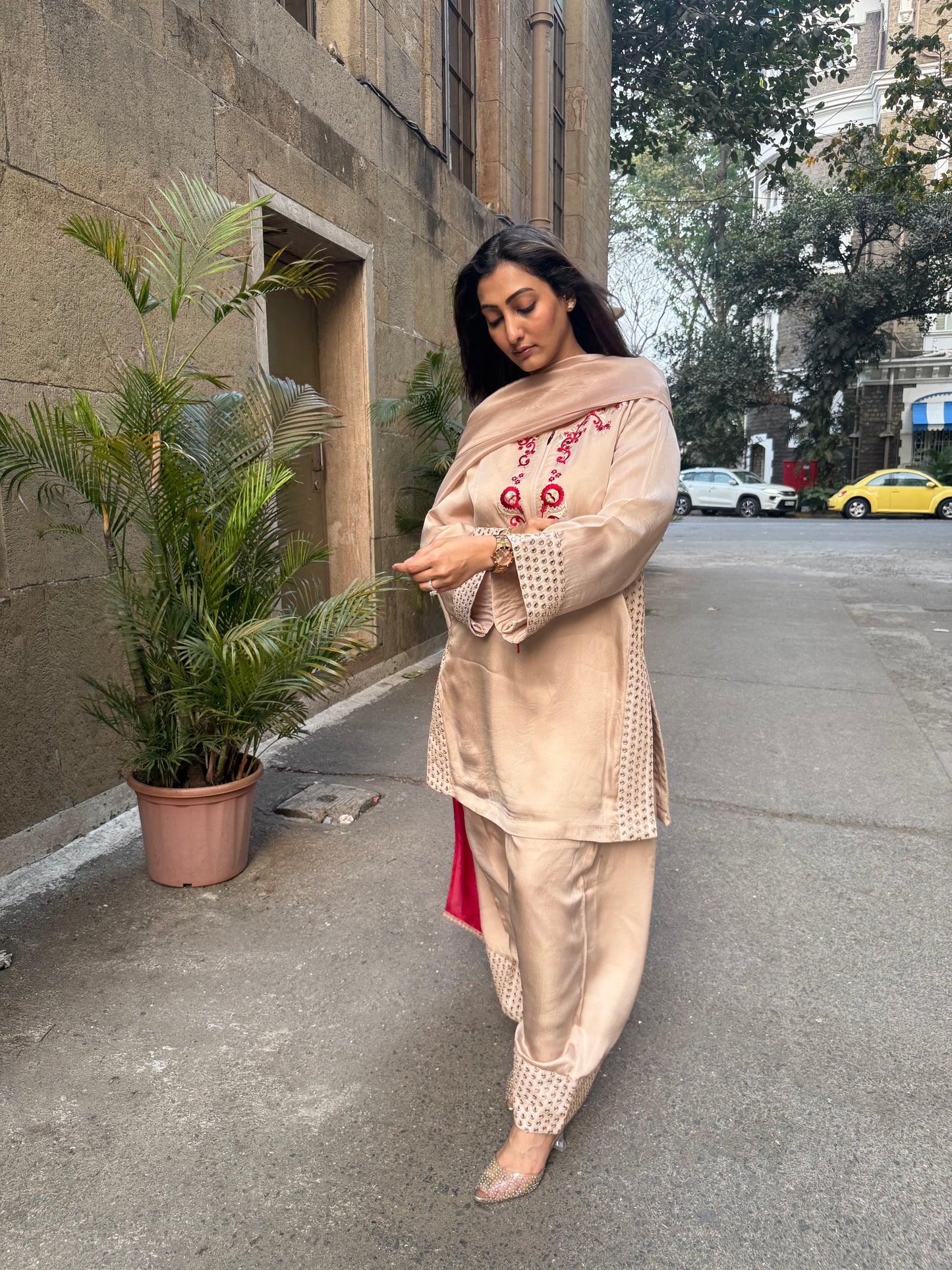 Beige & Red Silk Short Kurta Set with Farsi Salwar and Organza Dupatta