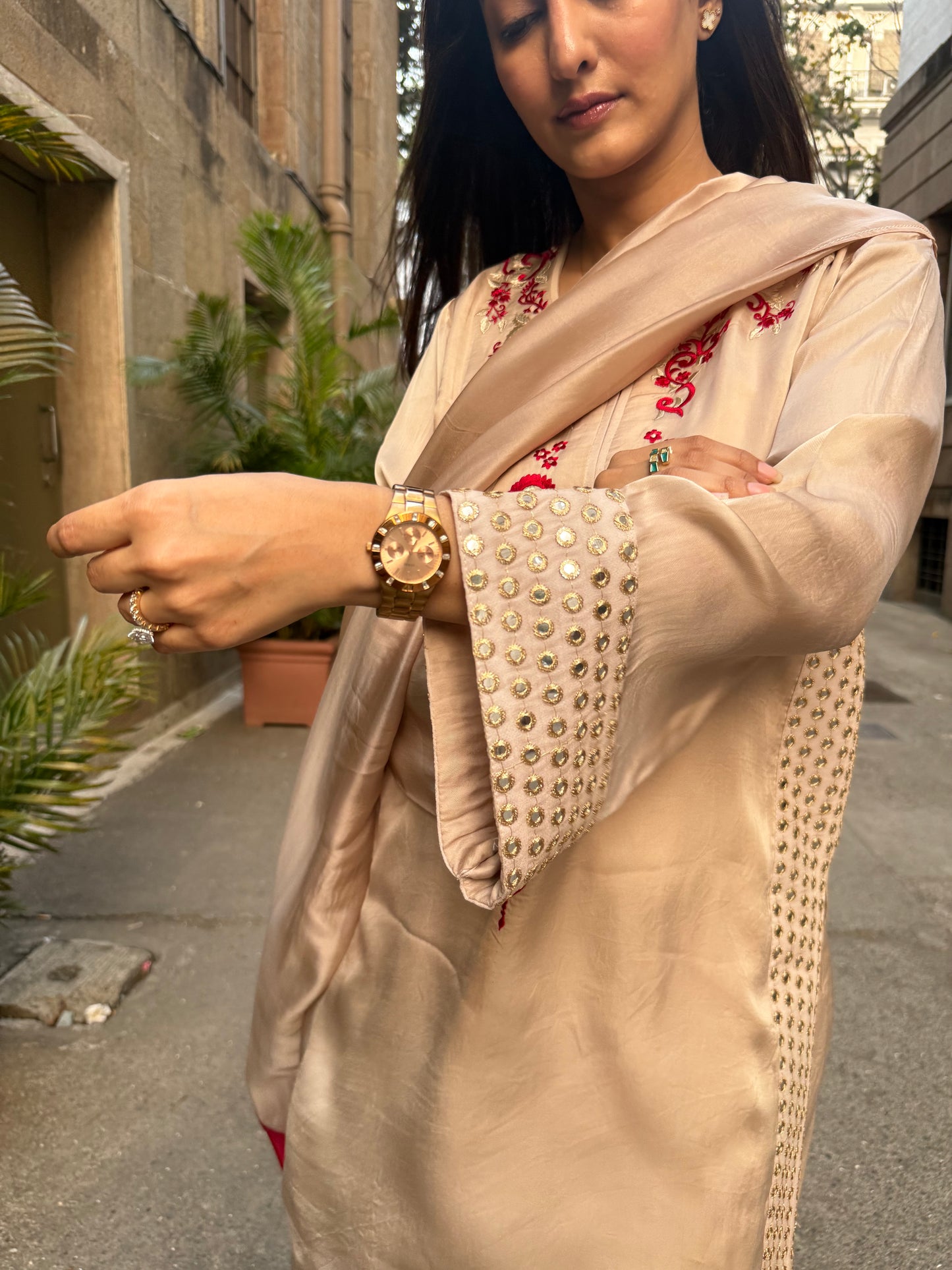 Beige & Red Silk Short Kurta Set with Farsi Salwar and Organza Dupatta