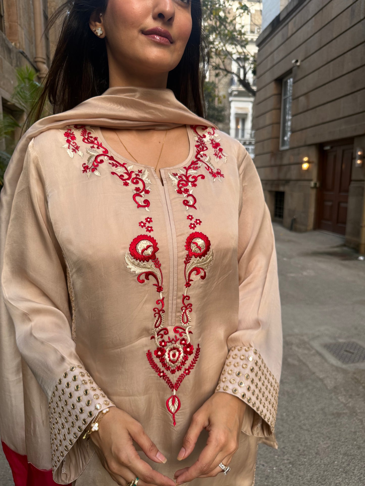 Beige & Red Silk Short Kurta Set with Farsi Salwar and Organza Dupatta