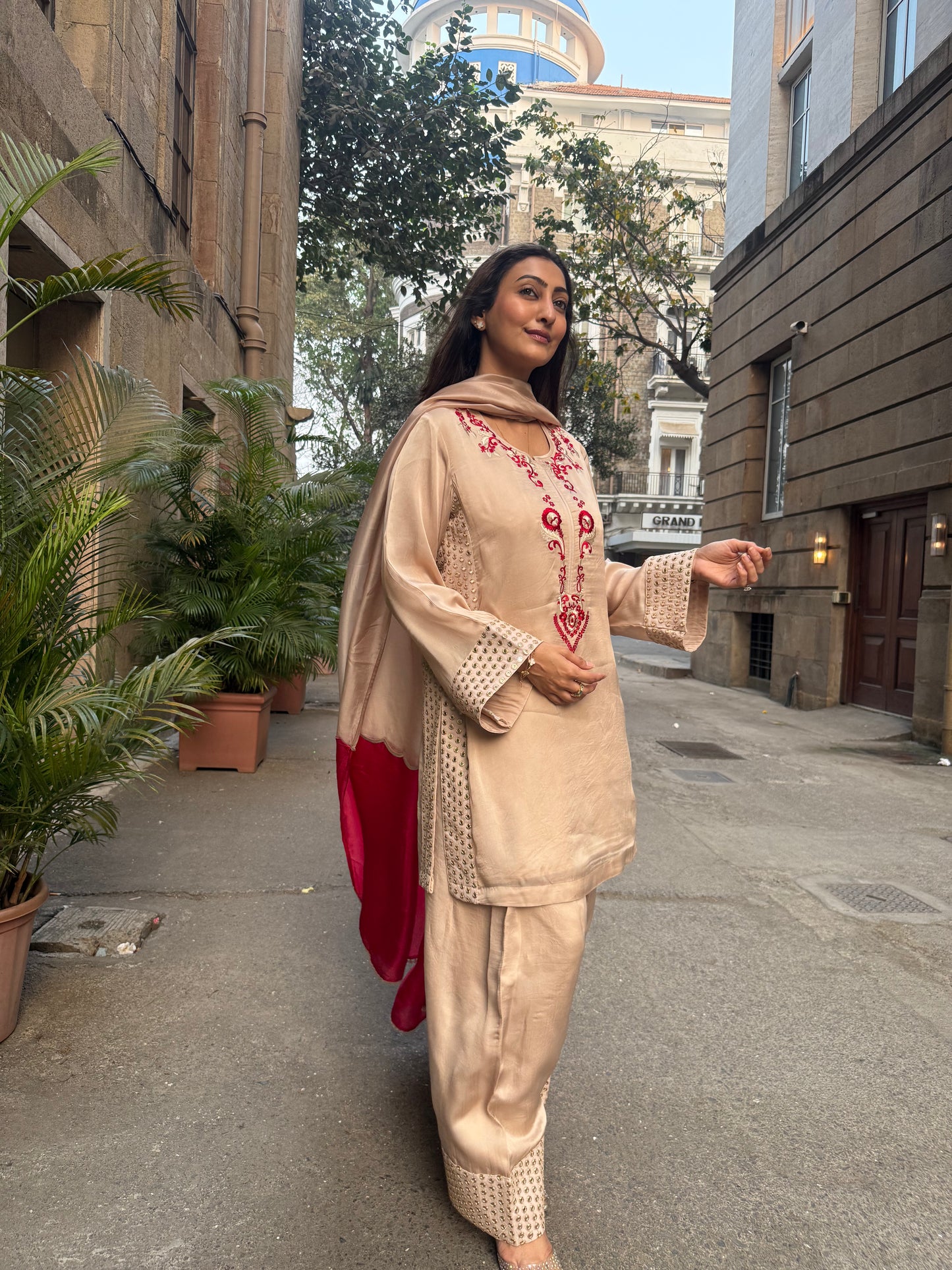 Beige & Red Silk Short Kurta Set with Farsi Salwar and Organza Dupatta